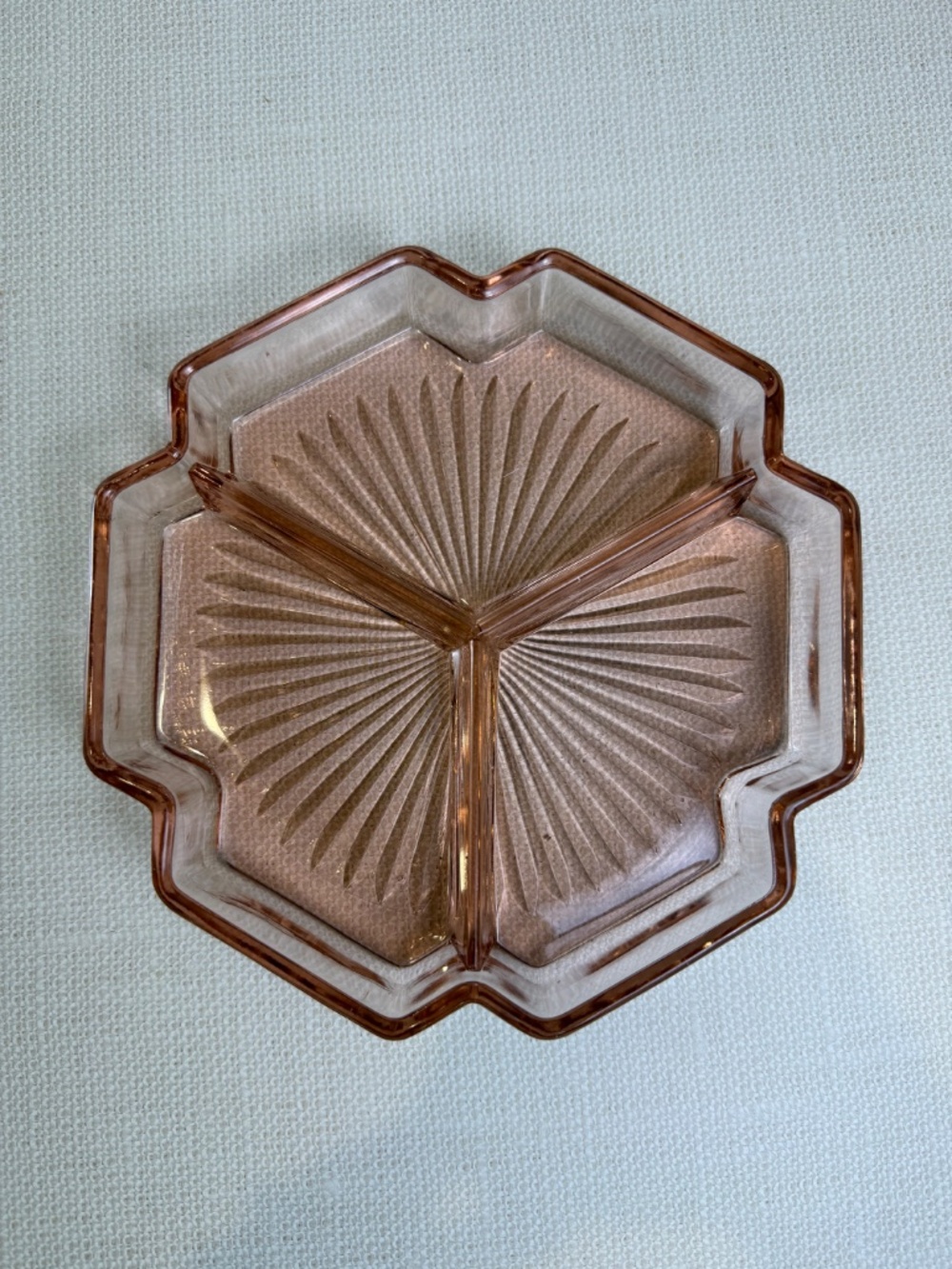 Pink Depression Glass 3-Section Divided Relish & Candy Dish — Starburst Pattern - Picture 9 of 10